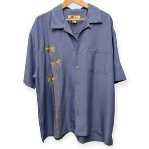 Joe Marlin XL Aloha Mens Hawaiian Shirt Blue Embroidered Palm Trees Coconut